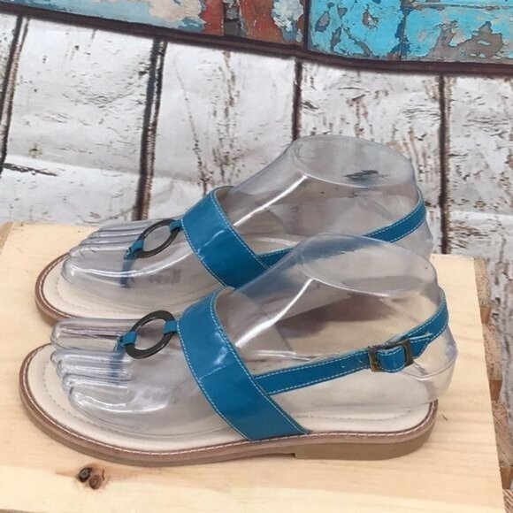 Elephantito Size 2 Youth Girls Blue Thong Sling Back Buckle Faux Leather Sandals - Picture 6 of 10